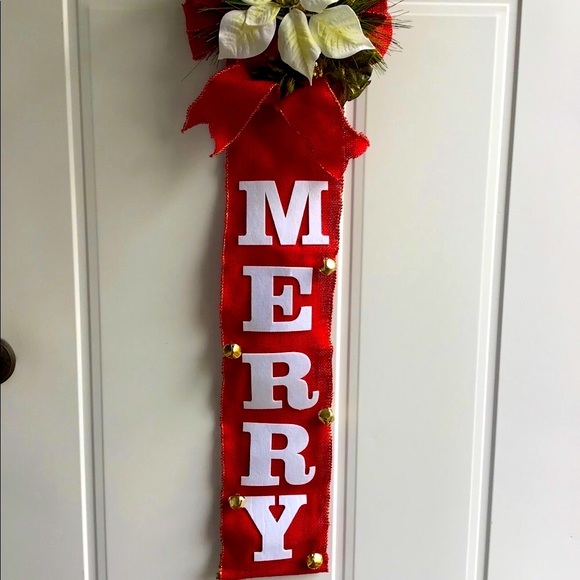 Red Burlap Christmas Jingling Bells Door Hanger - Picture 2 of 8